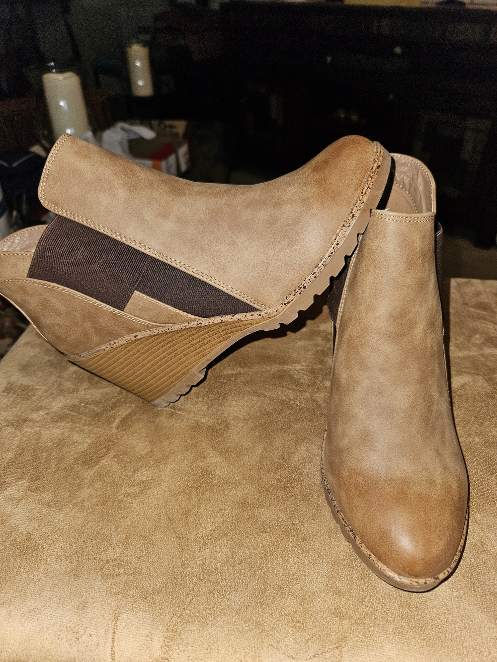 Women’s Tan Wedge Ankle Booties with Elastic Side Panels